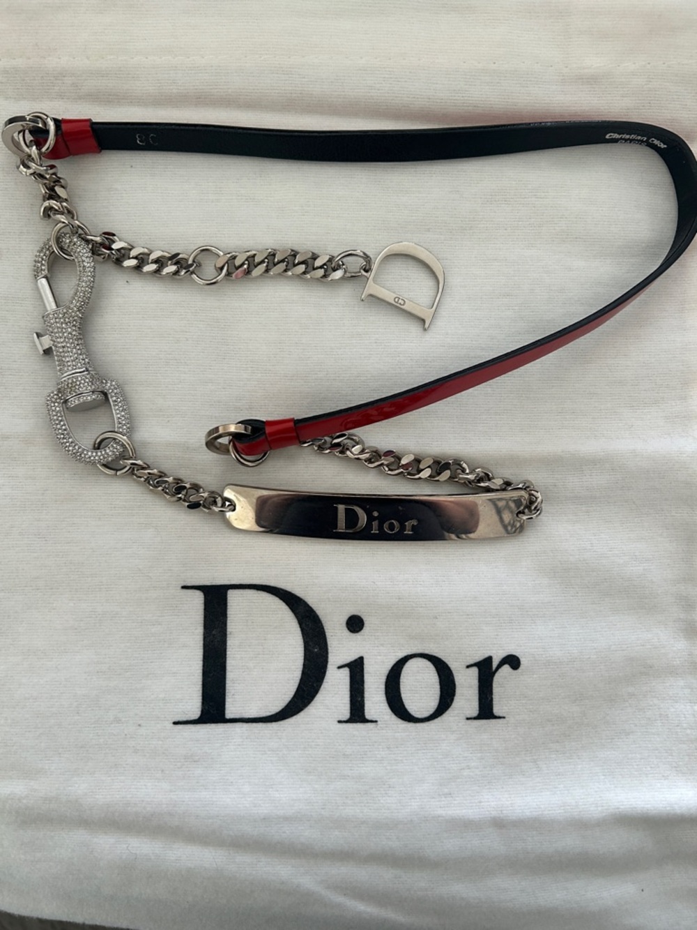 Dior Silver and Red Leather Logo Chain Strap
